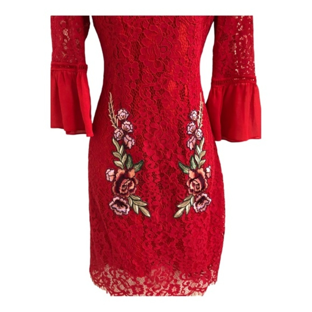 Ava Rose red lace peplum bell sleeve embroidered fitted sheath dress size small - Picture 8 of 12